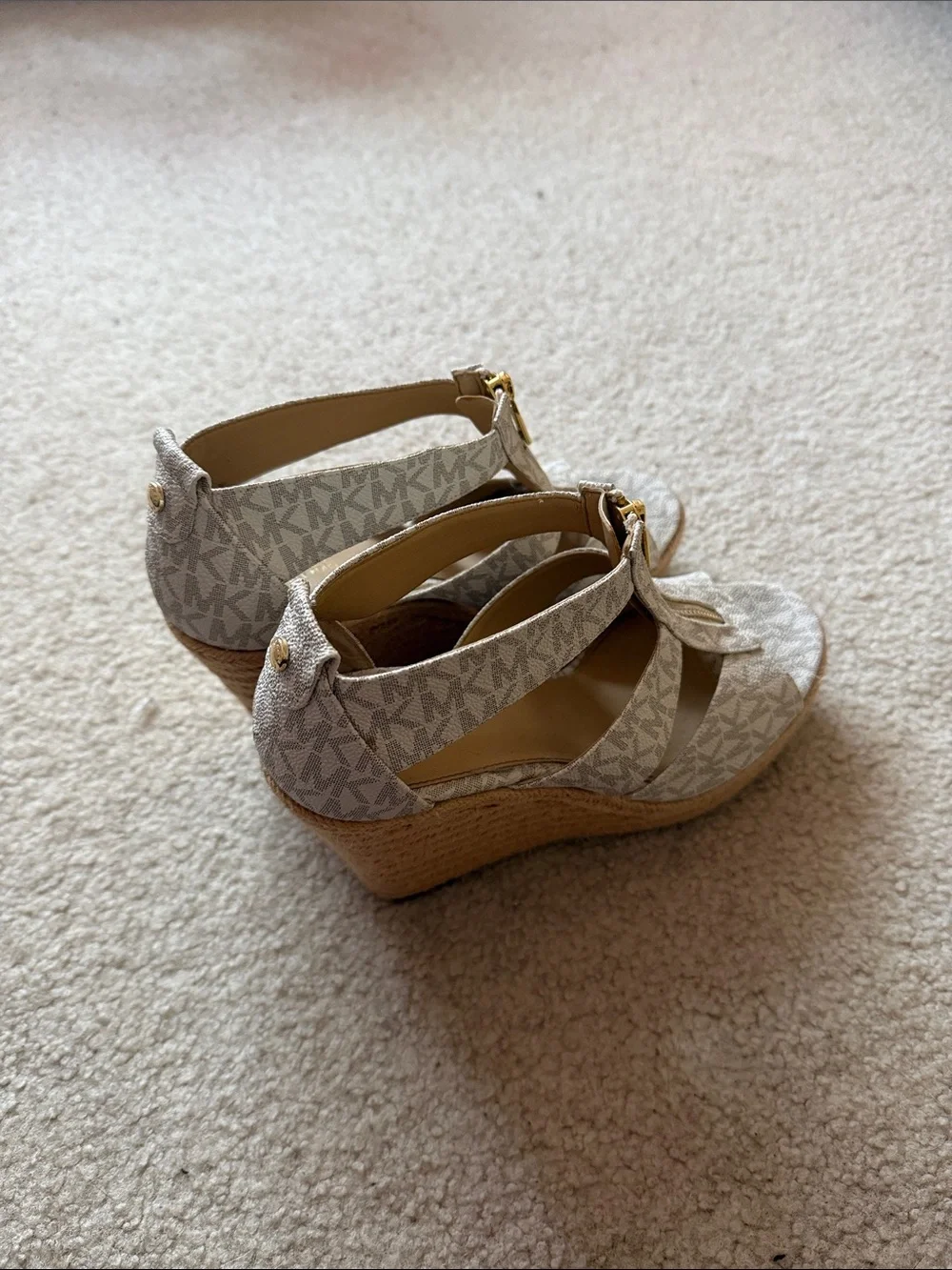 Michael Kors Neutral Logo Espadrille Wedge Sandals with Gold Zip